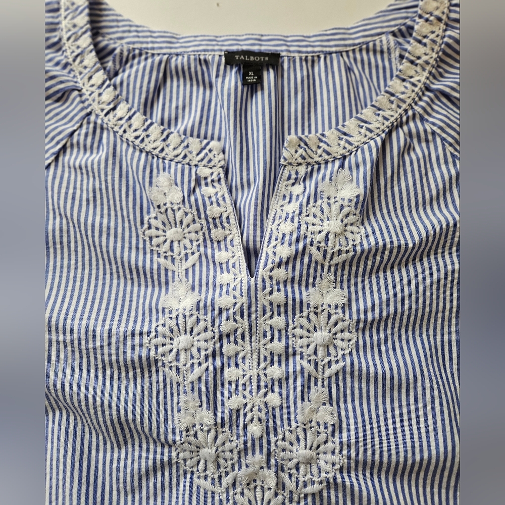 Talbots XL Pinstripe 3D Floral Embroidered Split Neck Tunic Top Peasant Cottage - Picture 6 of 8